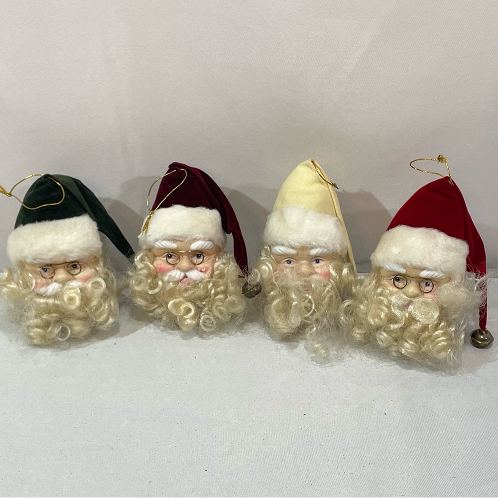 Santa Head Ornaments shelf sitters Lot ceramic painted faces Fuzzy Curly Beard 4